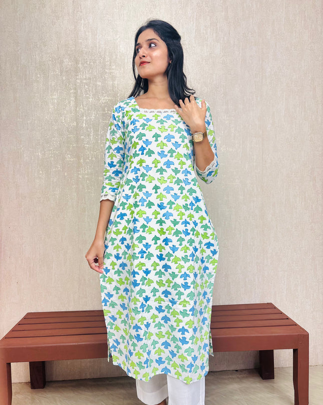 Blue & Green Abstract Floral Cotton Kurti Set – EC076