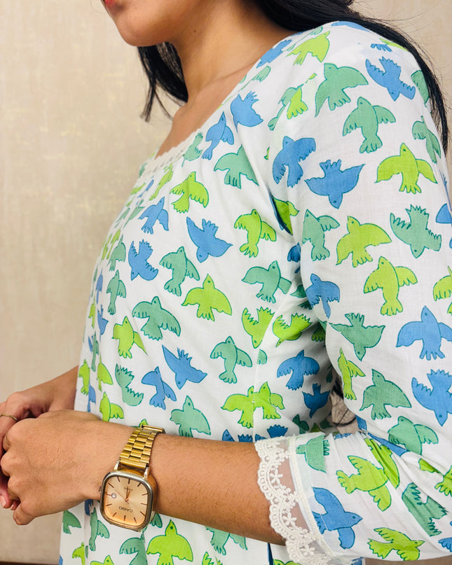 Blue & Green Abstract Floral Cotton Kurti Set – EC076
