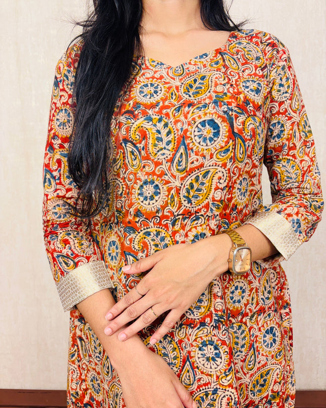 Kalankari Cotton Printed Kurti with Golden Border – EC077