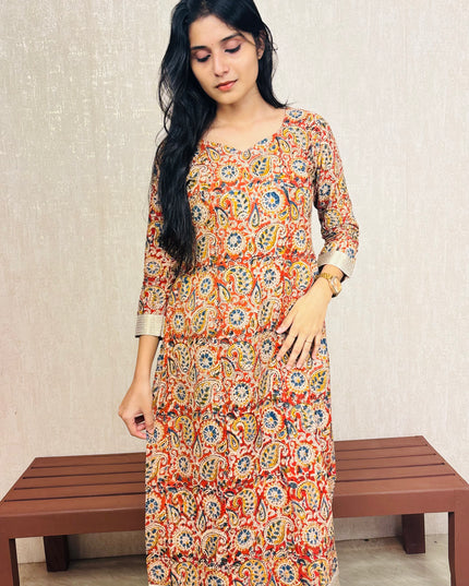 Kalankari Cotton Printed Kurti with Golden Border – EC077
