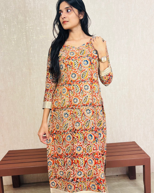 Kalankari Cotton Printed Kurti with Golden Border – EC077