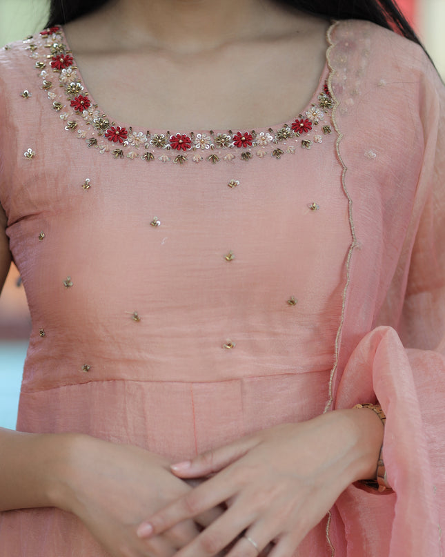 EC080 – Peach Silky Organza Anarkali  with Hand-Embroidered Yoke & Dupatta