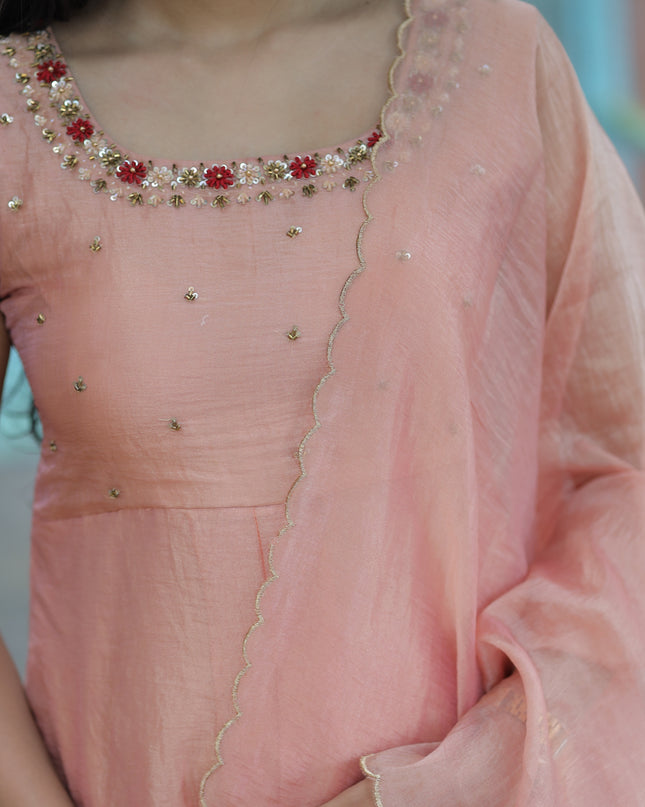 EC080 – Peach Silky Organza Anarkali  with Hand-Embroidered Yoke & Dupatta