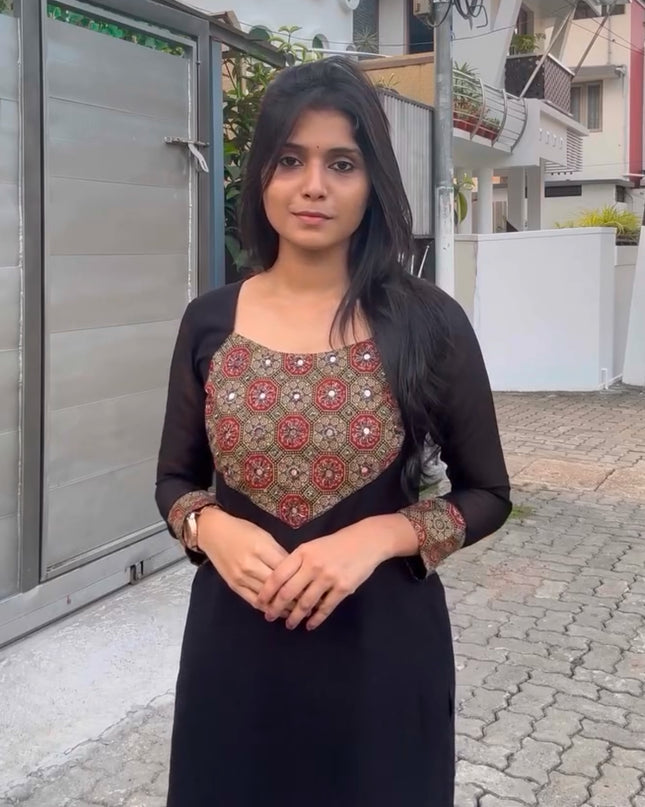 Black Georgette Aari Work Kurti Top-EC012