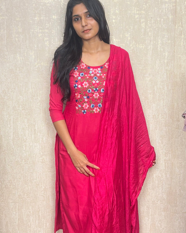 Cotton Slub Kurti Set with Embroidery EC038