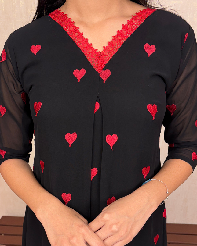 Red Embroidered Georgette A-Line Kurti with Lace Neckline – EC02
