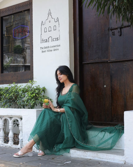 EC116- Deep Emerald Green Organza Kurti Set