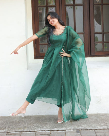 EC116- Deep Emerald Green Organza Kurti Set