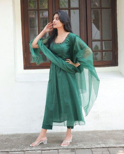EC116- Deep Emerald Green Organza Kurti Set