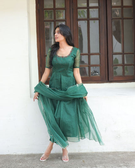 EC116- Deep Emerald Green Organza Kurti Set