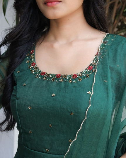 EC116- Deep Emerald Green Organza Kurti Set