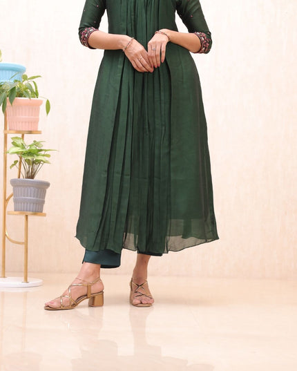 EC099 Bloomi Badari Silk A-Line Kurti with Embroidered Neck and Crepe Pant