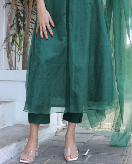 EC116- Deep Emerald Green Organza Kurti Set