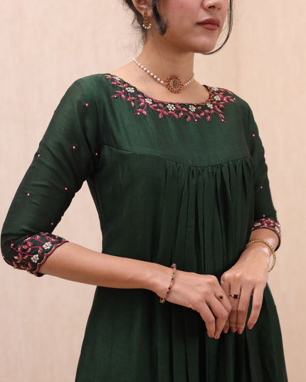 EC099 Bloomi Badari Silk A-Line Kurti with Embroidered Neck and Crepe Pant