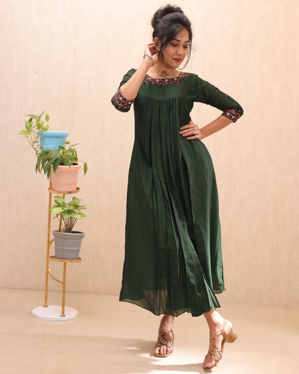 EC099 Bloomi Badari Silk A-Line Kurti with Embroidered Neck and Crepe Pant