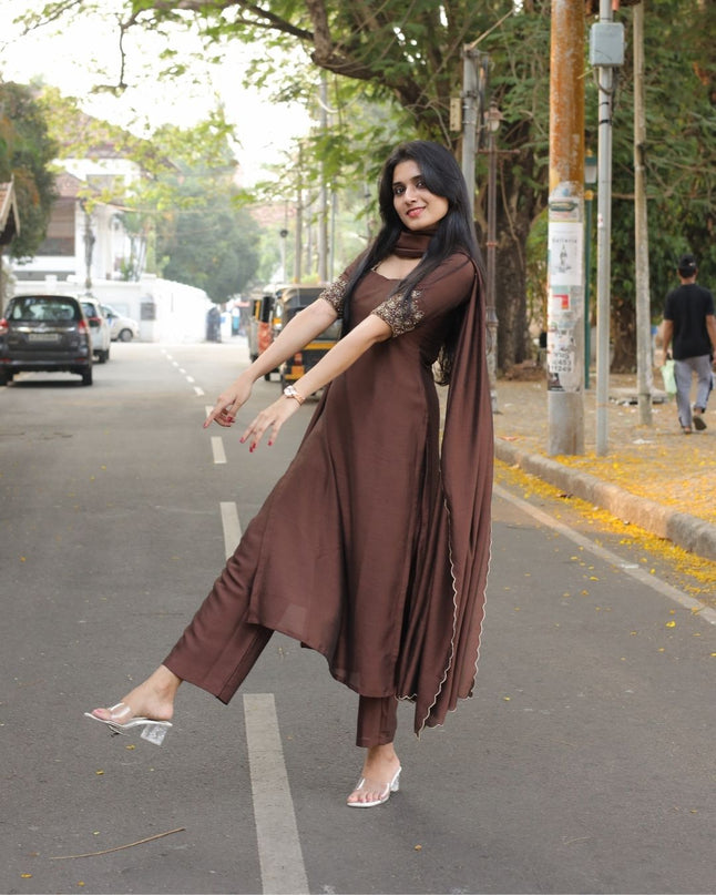 EC113- Brown Vijithra Silk Straight Kurti Set with Embroidery & Dupatta