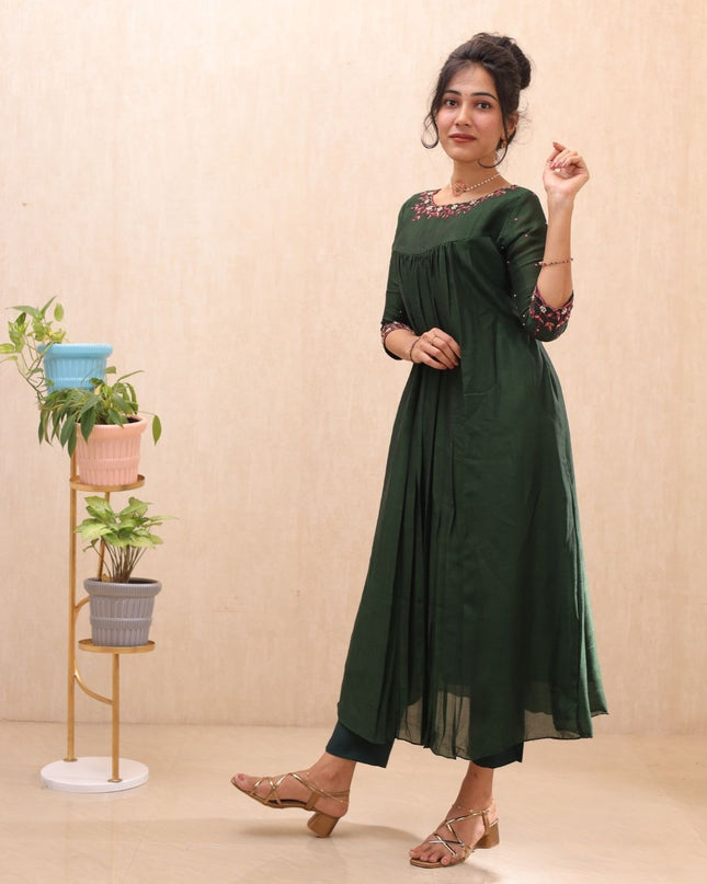 EC099 Bloomi Badari Silk A-Line Kurti with Embroidered Neck and Crepe Pant