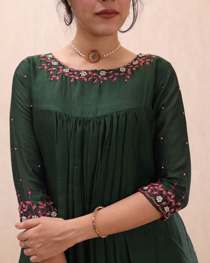 EC099 Bloomi Badari Silk A-Line Kurti with Embroidered Neck and Crepe Pant