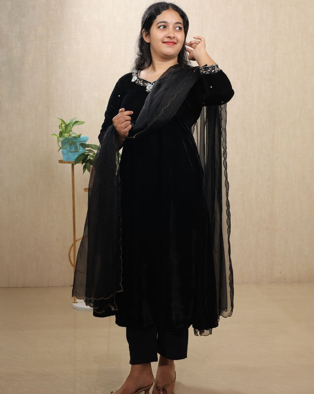 EC097 – Black Velvet Kurti Set with Sardoshi Embroidered V Neck