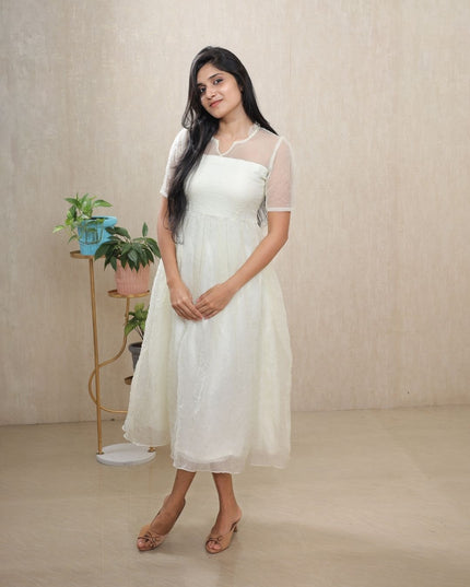 White Crush Silk Midi Dress with Sheer Yoke & Crepe Lining - EC094
