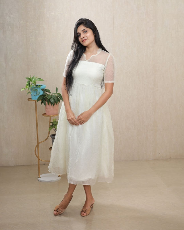 White Crush Silk Midi Dress with Sheer Yoke & Crepe Lining - EC094