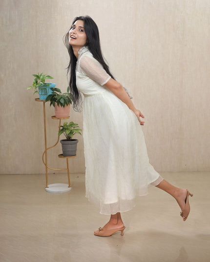 White Crush Silk Midi Dress with Sheer Yoke & Crepe Lining - EC094