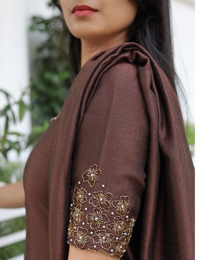 EC113- Brown Vijithra Silk Straight Kurti Set with Embroidery & Dupatta