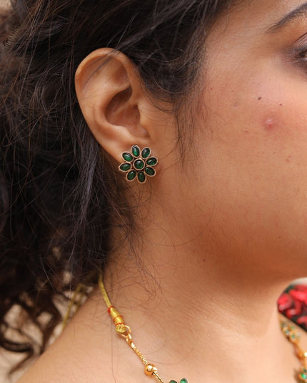 Green Floral Stone Necklace Set with Matching Studs | EJ4