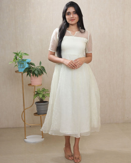 White Crush Silk Midi Dress with Sheer Yoke & Crepe Lining - EC094