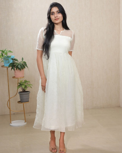 White Crush Silk Midi Dress with Sheer Yoke & Crepe Lining - EC094