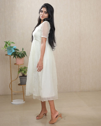 White Crush Silk Midi Dress with Sheer Yoke & Crepe Lining - EC094