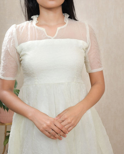 White Crush Silk Midi Dress with Sheer Yoke & Crepe Lining - EC094