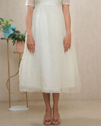 White Crush Silk Midi Dress with Sheer Yoke & Crepe Lining - EC094