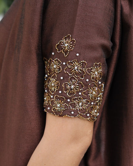 EC113- Brown Vijithra Silk Straight Kurti Set with Embroidery & Dupatta