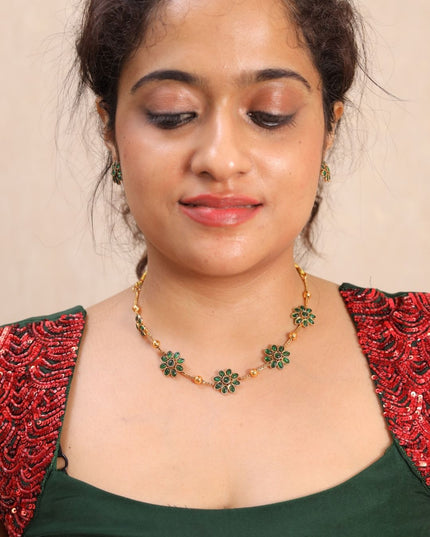 Green Floral Stone Necklace Set with Matching Studs | EJ4