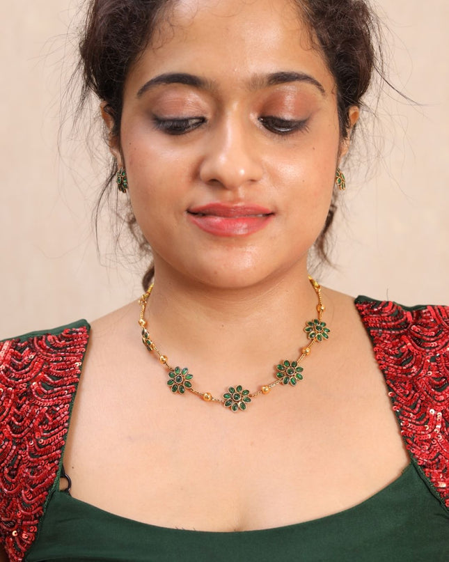 Green Floral Stone Necklace Set with Matching Studs | EJ4