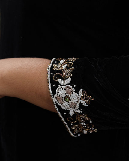 EC097 – Black Velvet Kurti Set with Sardoshi Embroidered V Neck