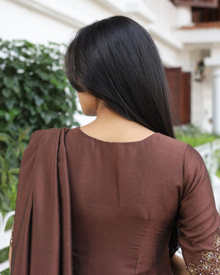 EC113- Brown Vijithra Silk Straight Kurti Set with Embroidery & Dupatta