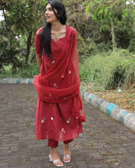 Mul Chanderi Embroidered Gown Set-EC108