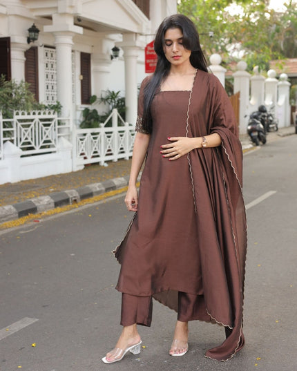 EC113- Brown Vijithra Silk Straight Kurti Set with Embroidery & Dupatta