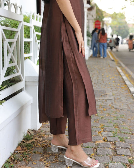 EC113- Brown Vijithra Silk Straight Kurti Set with Embroidery & Dupatta