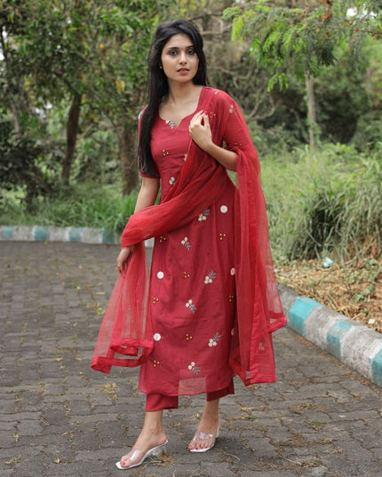 Mul Chanderi Embroidered Gown Set-EC108