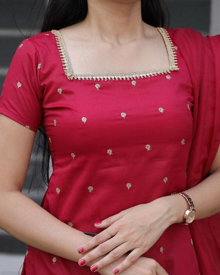 EC112-  Wine Red Silky Georgette Butti Work Sharara Style 3 Piece