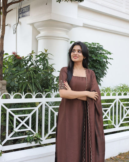 EC113- Brown Vijithra Silk Straight Kurti Set with Embroidery & Dupatta