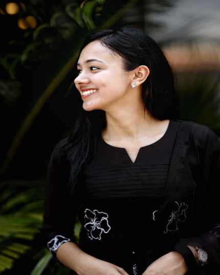 EC120 –  Black Mul Chanderi Embroidered Kurti Set