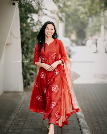 EC121 –  Brick Red (Orange) Mul Chanderi Embroidered Kurti Set