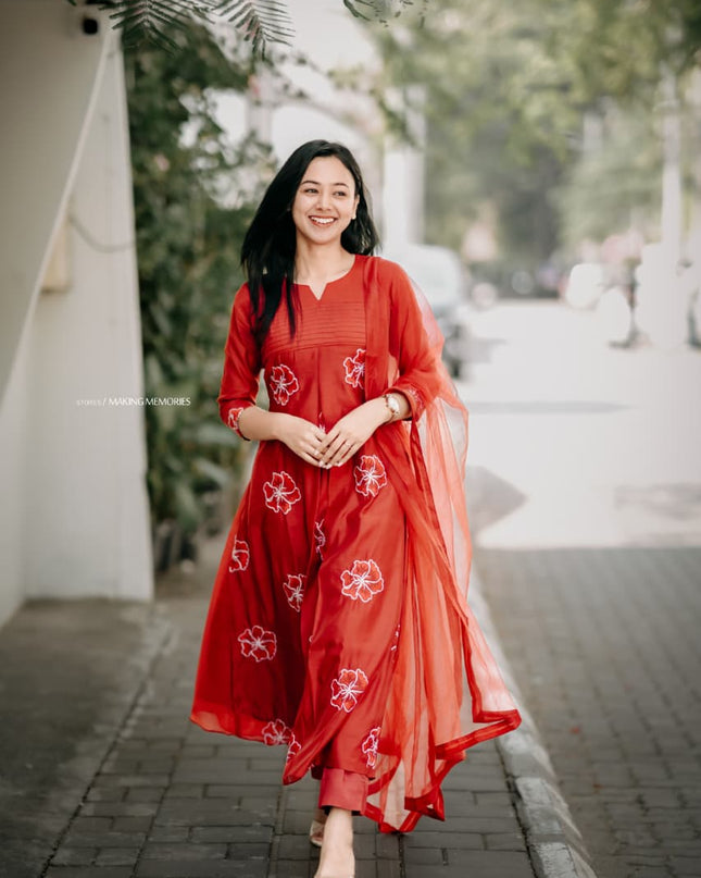 EC121 –  Brick Red (Orange) Mul Chanderi Embroidered Kurti Set
