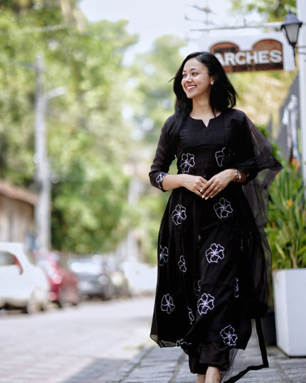 EC120 –  Black Mul Chanderi Embroidered Kurti Set