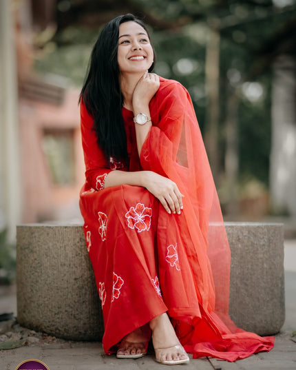 EC121 –  Brick Red (Orange) Mul Chanderi Embroidered Kurti Set