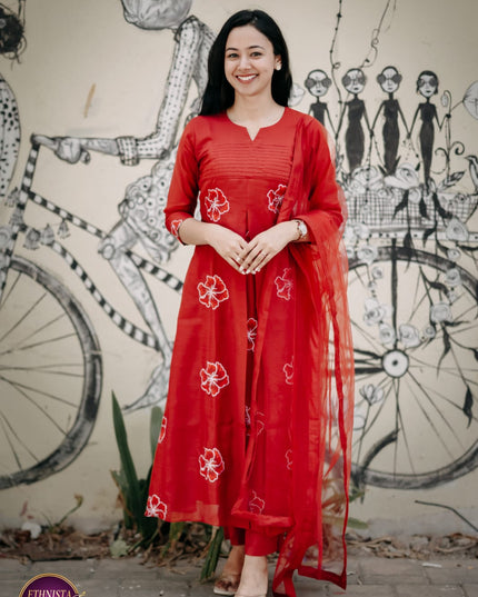 EC121 –  Brick Red (Orange) Mul Chanderi Embroidered Kurti Set
